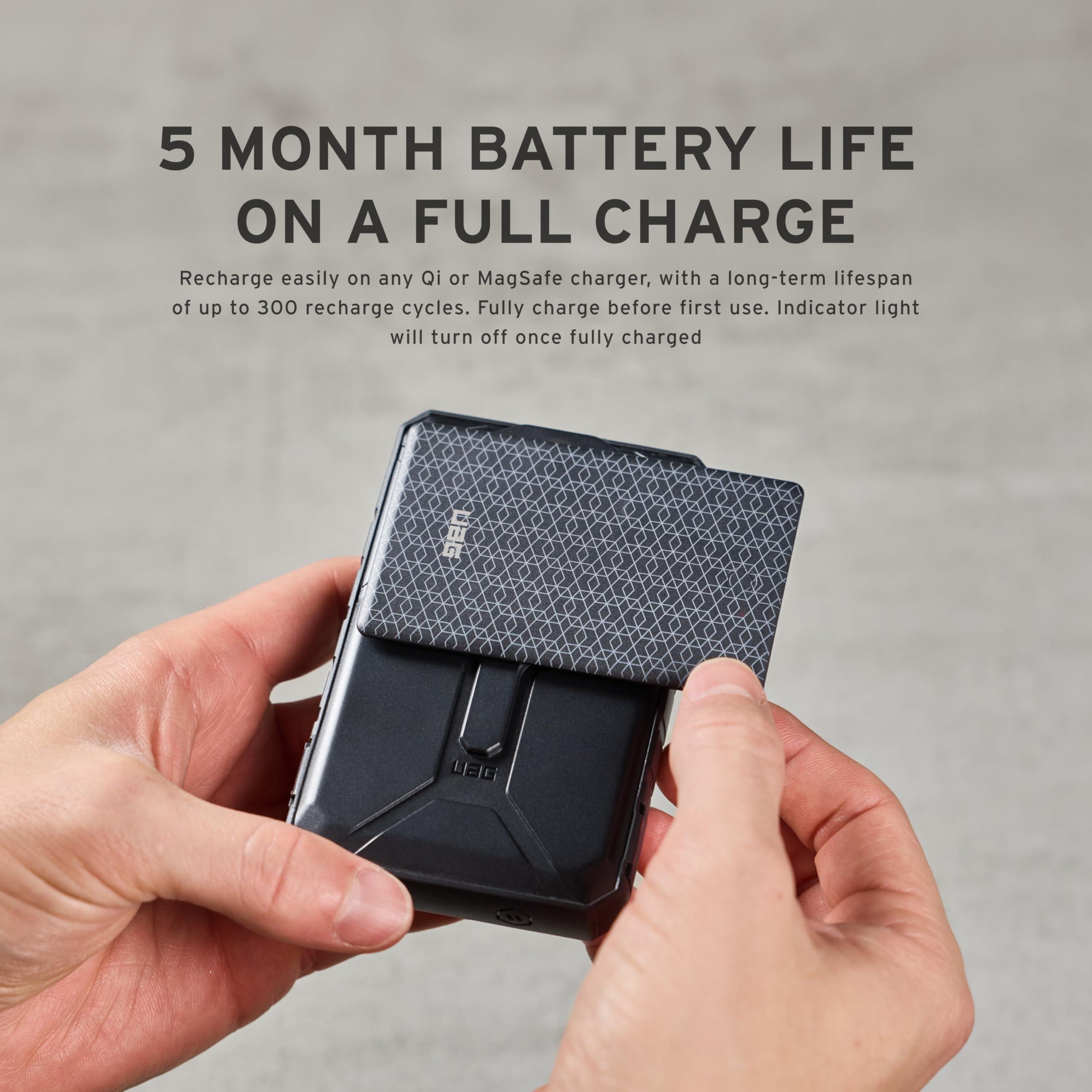 UAG Metropolis Tracker Card - Mfi Certified Slim Finder Wireless Rechargeable Compatible with iOS & Android Find My App, Tracker for Wallet Luggage Passport, Black/Micro Hexagon - Image 4