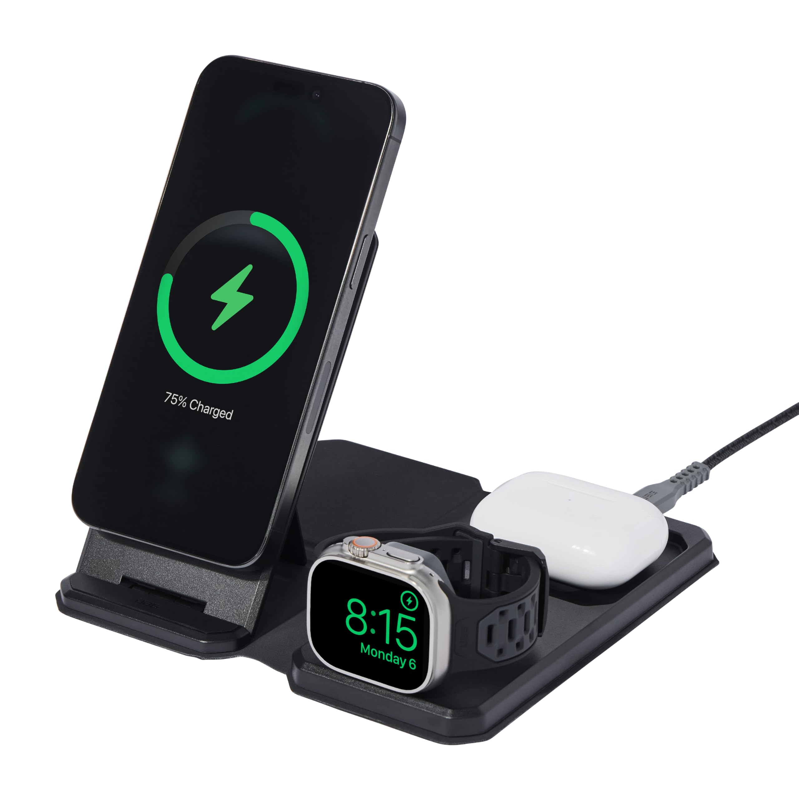 UAG SRGE 3-in-1 Travel Desktop Charger 15W Foldable Wireless Charging Station Compatible with MagSafe for iPhone 15, AirPods, Apple Watch, Black/Gray (25W USB-C PD Charger & Global Adapter Included) - Image 5