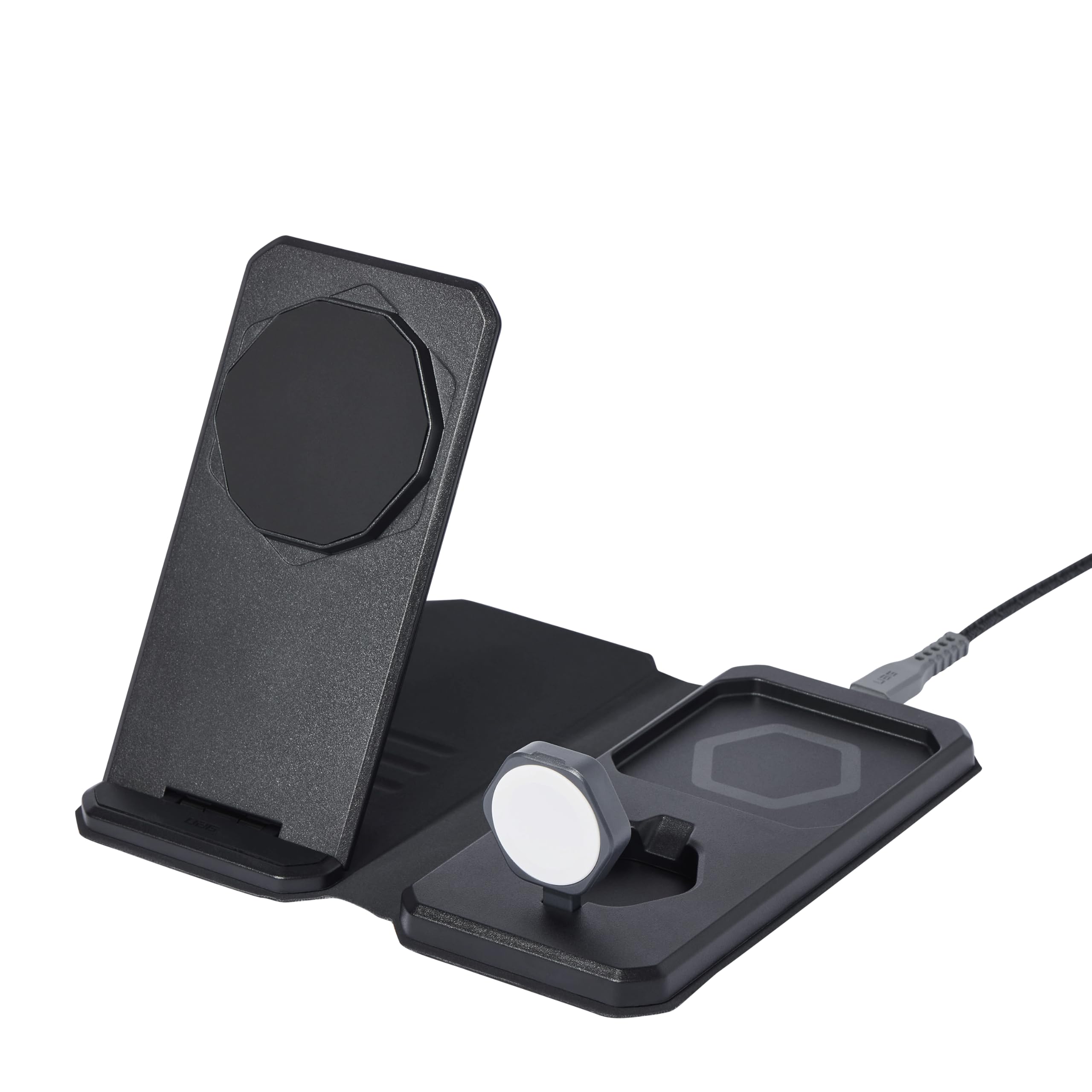 UAG SRGE 3-in-1 Travel Desktop Charger 15W Foldable Wireless Charging Station Compatible with MagSafe for iPhone 15, AirPods, Apple Watch, Black/Gray (25W USB-C PD Charger & Global Adapter Included) - Image 6