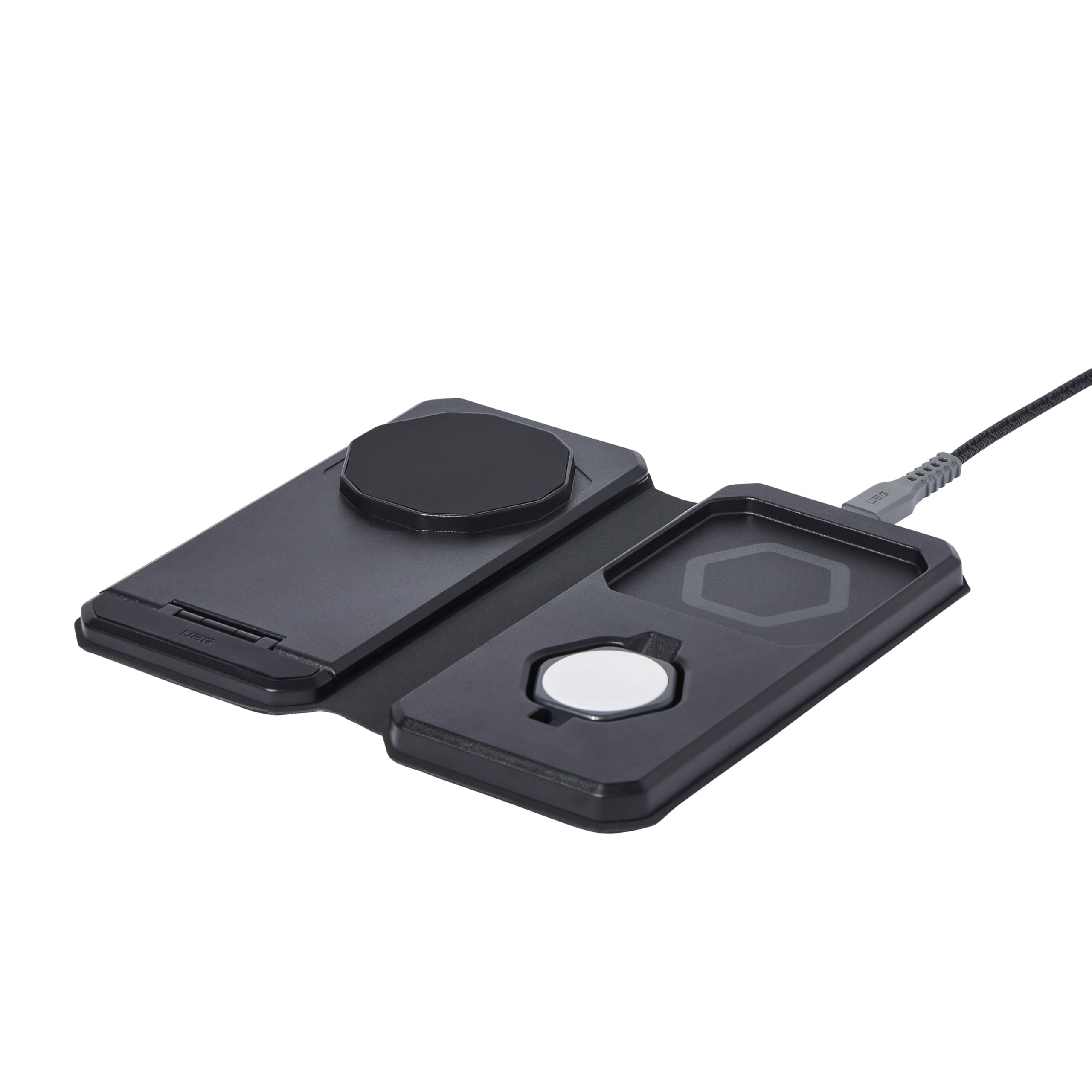 UAG SRGE 3-in-1 Travel Desktop Charger 15W Foldable Wireless Charging Station Compatible with MagSafe for iPhone 15, AirPods, Apple Watch, Black/Gray (25W USB-C PD Charger & Global Adapter Included) - Image 7