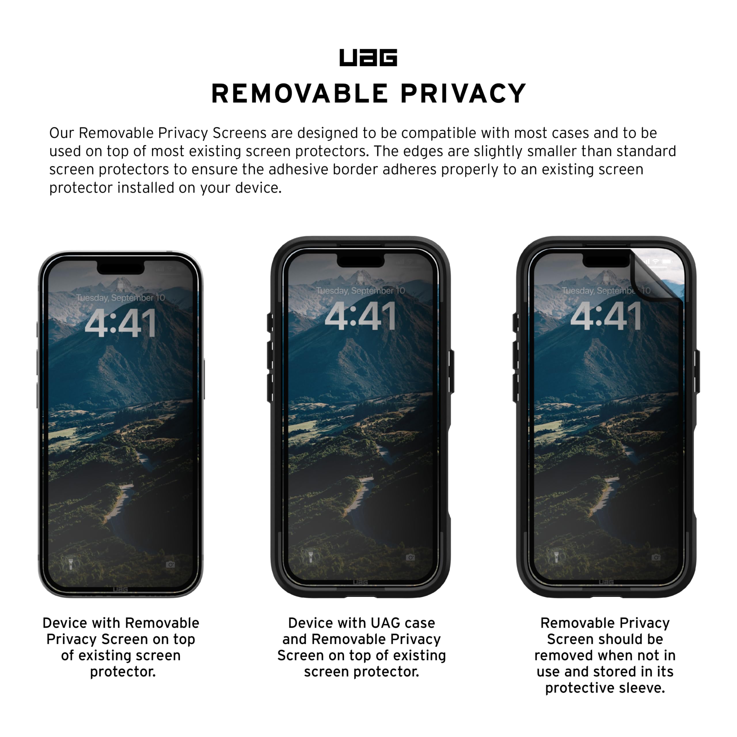 URBAN ARMOR GEAR UAG Designed for iPhone 15 Pro Removable & Reusable Privacy Screen Tint - Premium 2-Way Anti-glare Anti-Spy Flexible Phone Cover - Image 3